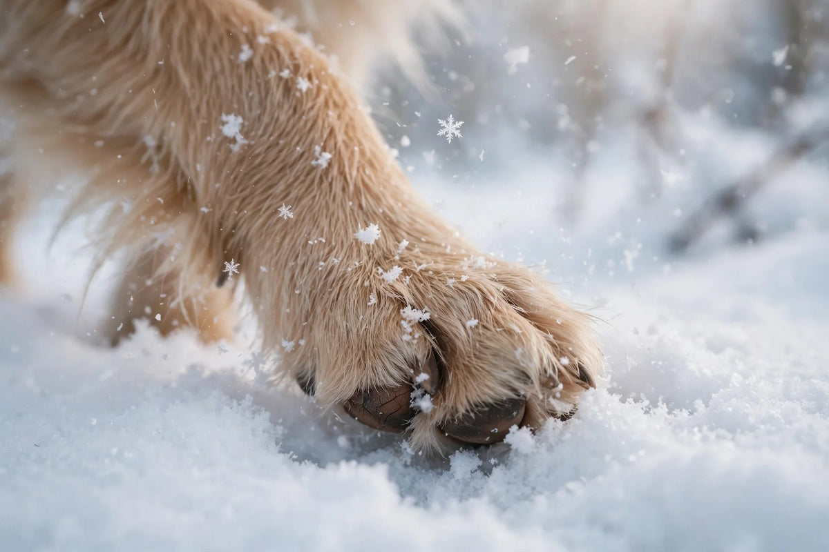 Close-up of a dog's paw on fresh snow