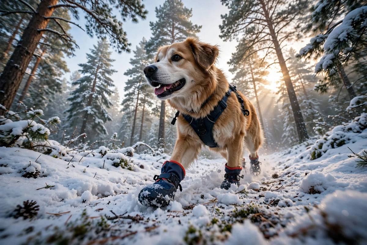 Dog walking a snowy trail in winter boots