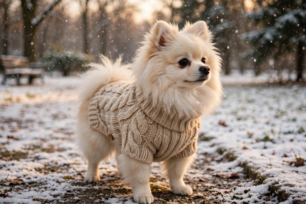 Small dog wearing a cozy knit sweater in falling snow